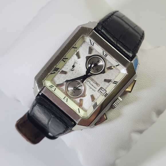 Seiko Premier Chronograph Watch Men's Black Leather Watch - Picture 3 of 16